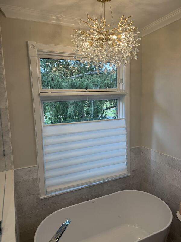 Soft, light-filtering fabric over obscured glass   daylight without exposure.