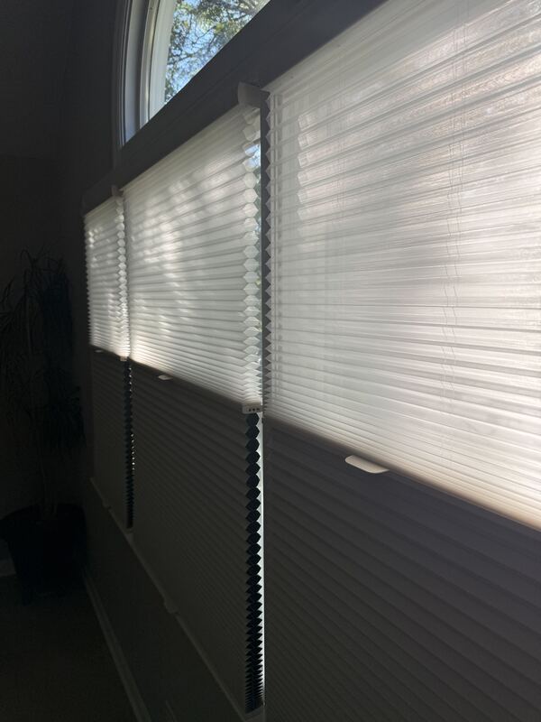Late-afternoon light raking across a cellular shade   glare gone, brightness kept.