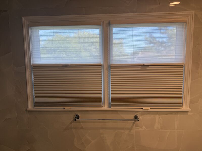 Cellular shades set at mid-height on a pair of double hungs   privacy below, treetops above.