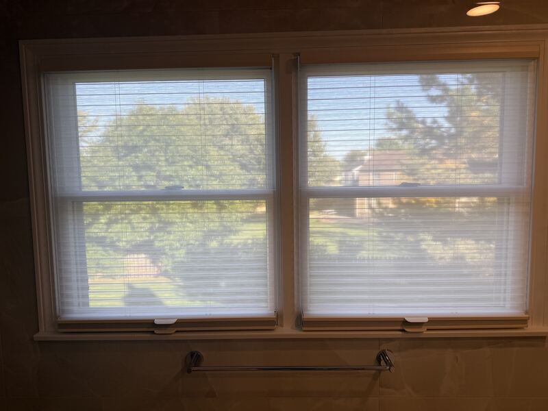 Sheer shadings on a second-floor pair, vanes tilted open to the garden.
